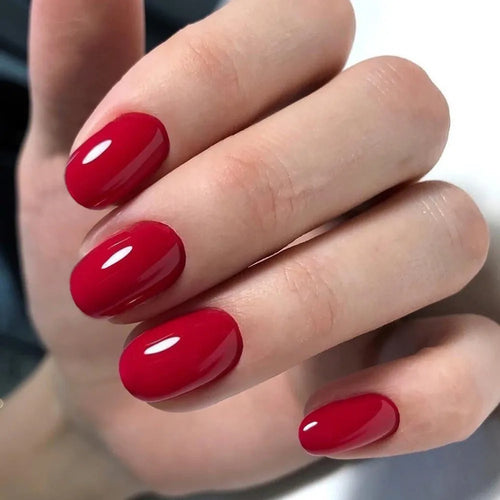  Shiny Wine Red Oval Short Fake Nails cashymart