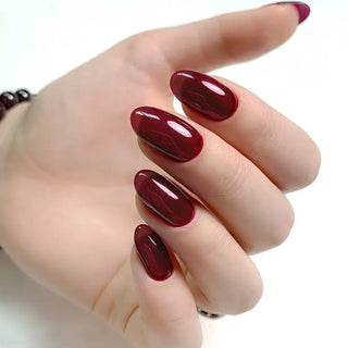  Shiny Wine Red Oval Short Fake Nails cashymart