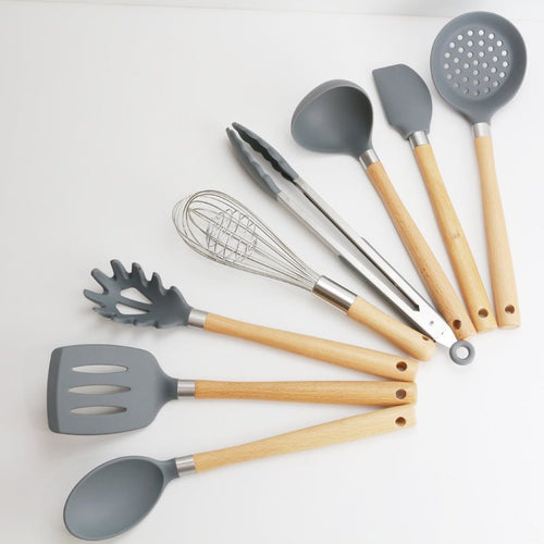  Silicone Kitchen Utensils Set with Wooden Handle cashymart