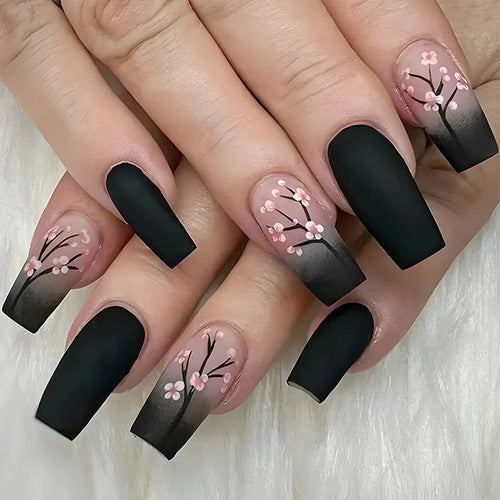  Square Fake Nails Pink Plum Blossom Design cashymart