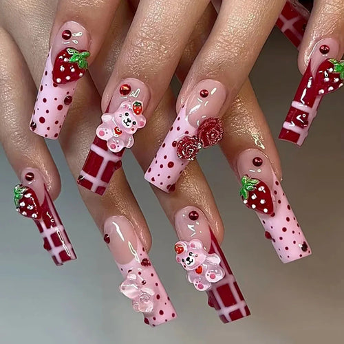  Strawberry & Bear Themed Fake Nails cashymart