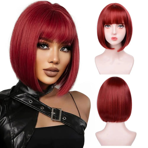  Synthetic Wine Red Bob Wig with Bangs cashymart