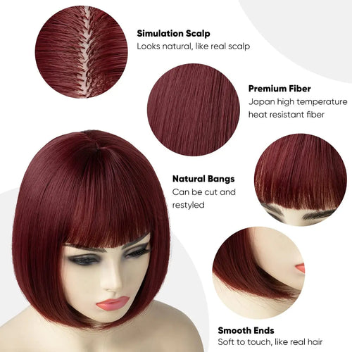  Synthetic Wine Red Bob Wig with Bangs cashymart