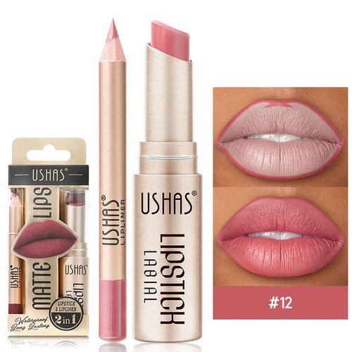  USHAS 12 Color Lip Liner Plus Lipstick Set Long Lasting Matte cashymart