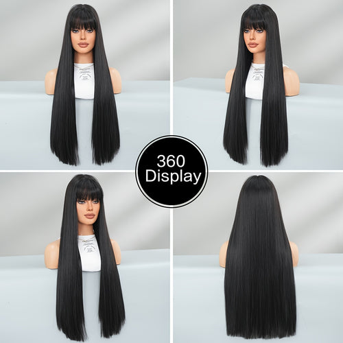  WIGS Elegant Long Black Straight Wig with Bangs cashymart