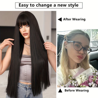 WIGS Elegant Long Black Straight Wig with Bangs cashymart