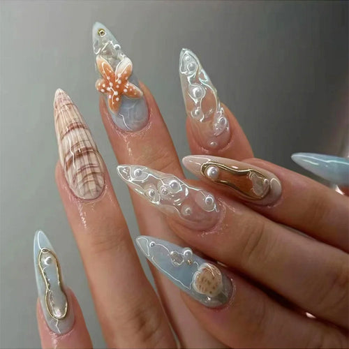  Wearable Blue Stiletto Almond False Nails cashymart