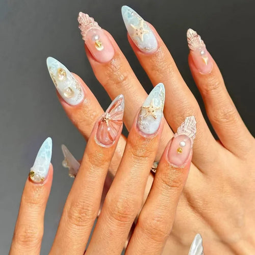  Wearable Blue Stiletto Almond False Nails cashymart