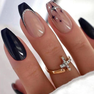  Women Girls 24Pcs/Set Short Coffin Shaped Glitter & Star Nails cashymart