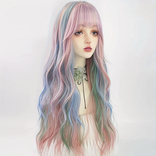  Rainbow Ombre Curly Wig with Bangs cashymart