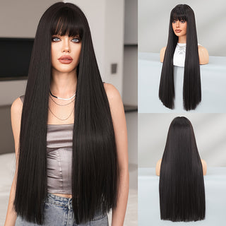  7JHH WIGS Elegant Long Black Straight Wig with Bangs cashymart