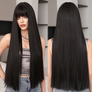  7JHH WIGS Elegant Long Black Straight Wig with Bangs cashymart