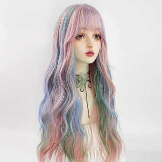  Rainbow Ombre Curly Wig with Bangs cashymart