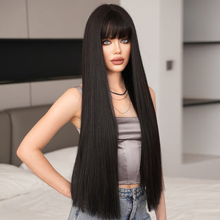  7JHH WIGS Elegant Long Black Straight Wig with Bangs cashymart