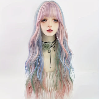  Rainbow Ombre Curly Wig with Bangs cashymart